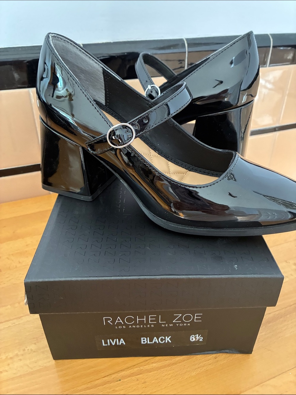 Rachel Zoe Black Patent Mary Jane Block Heels